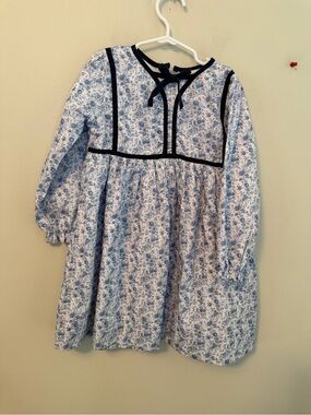 Busy Bees Smocks Blue Floral Long-Sleeve Dress with Navy Trim